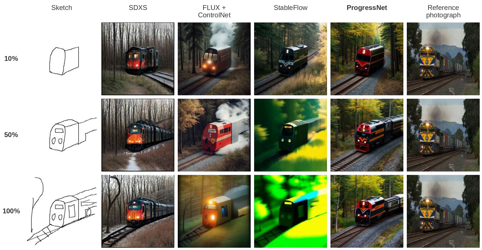 Train in woodland at 10%, 50% and 100% sketch completion. Six columns show the input sketch, SDXS, FLUX plus ControlNet, StableFlow, ProgressNet and the reference photograph.