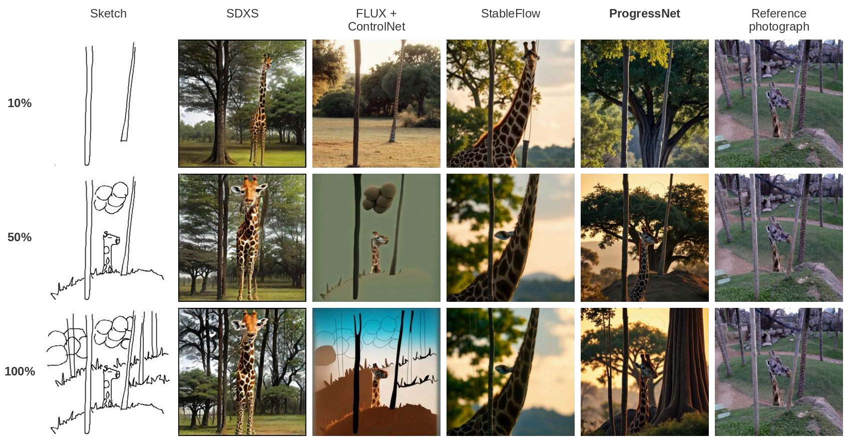 Giraffe and tree at 10%, 50% and 100% sketch completion. Six columns show the input sketch, SDXS, FLUX plus ControlNet, StableFlow, ProgressNet and the reference photograph.