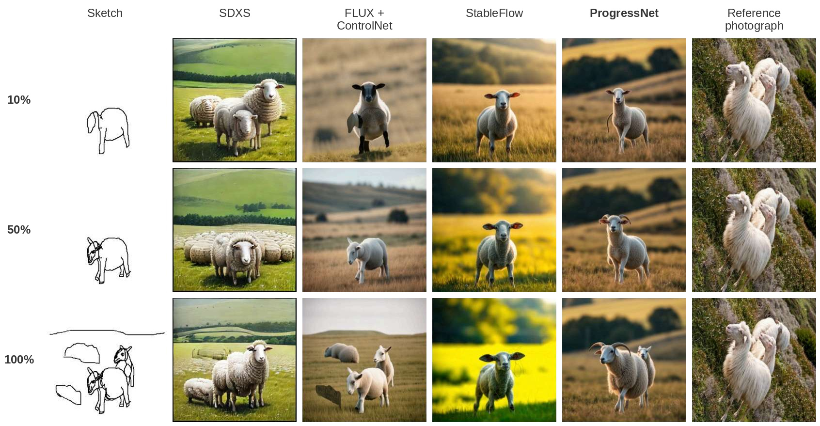 Sheep in a field at 10%, 50% and 100% sketch completion. Six columns show the input sketch, SDXS, FLUX plus ControlNet, StableFlow, ProgressNet and the reference photograph.