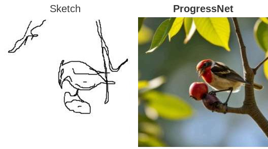 Bird and fruit: the complete final sketch beside the ProgressNet output at 100% completion.