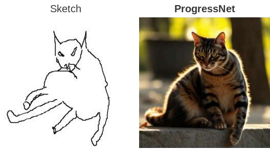 Cat: the complete final sketch beside the ProgressNet output at 100% completion.