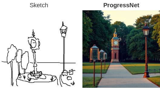 Park and clock tower: the complete final sketch beside the ProgressNet output at 100% completion.