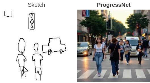 Street crossing: the complete final sketch beside the ProgressNet output at 100% completion.