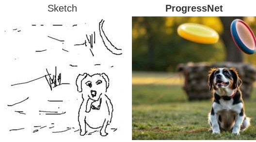 Dog and frisbee: the complete final sketch beside the ProgressNet output at 100% completion.