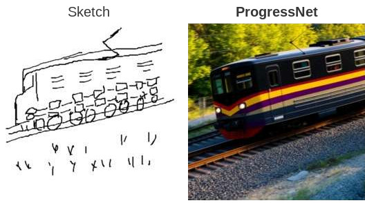 Train on a rail track: the complete final sketch beside the ProgressNet output at 100% completion.