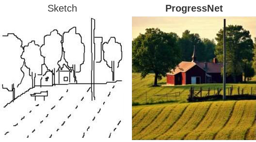 Farm and trees: the complete final sketch beside the ProgressNet output at 100% completion.