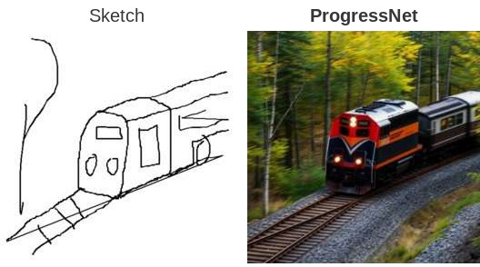 Train in woodland: the complete final sketch beside the ProgressNet output at 100% completion.