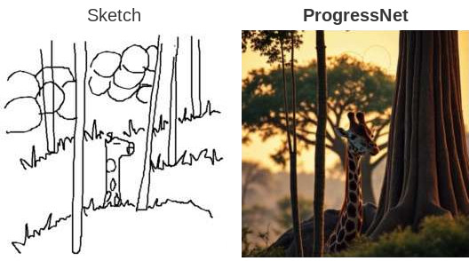 Giraffe and tree: the complete final sketch beside the ProgressNet output at 100% completion.