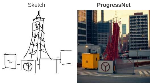 Industrial scene: the complete final sketch beside the ProgressNet output at 100% completion.