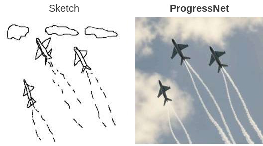 Jets and contrails: the complete final sketch beside the ProgressNet output at 100% completion.