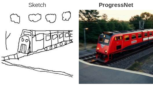 Train and clouds: the complete final sketch beside the ProgressNet output at 100% completion.