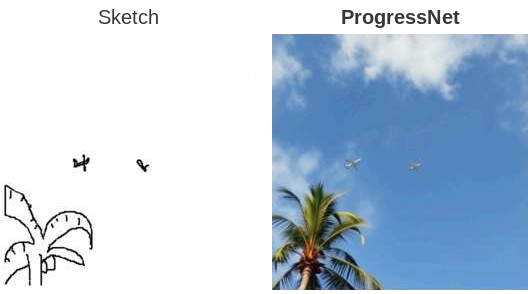 Planes and palm tree: the complete final sketch beside the ProgressNet output at 100% completion.