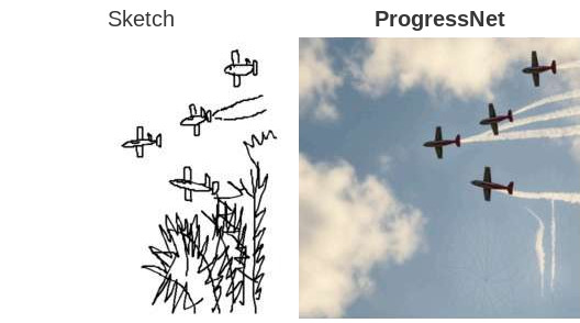 Aeroplanes: the complete final sketch beside the ProgressNet output at 100% completion.