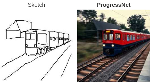 Railway details: the complete final sketch beside the ProgressNet output at 100% completion.
