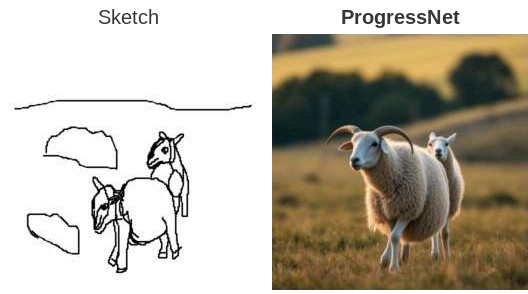 Sheep in a field: the complete final sketch beside the ProgressNet output at 100% completion.