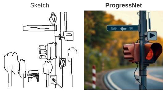 Road signals: the complete final sketch beside the ProgressNet output at 100% completion.